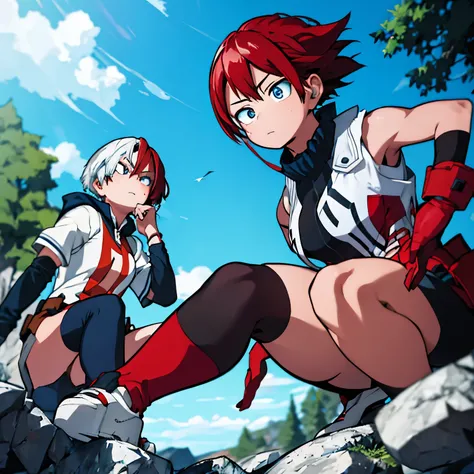 Captura de pantalla del anime My Hero Academia, toma larga, full body woman of indigenous ethnicity., piel clara, adolescente, short shoulder length ruby red hair,liso con flequillo, ojos marrones rasgados, two piece hero suit, camisa roja corta, guantes n...