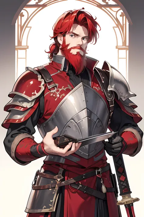 middle-aged man,red-haired man,bearded man,man with long red beard and sideburns,wearing burgundy plate armor,carrying a large sword