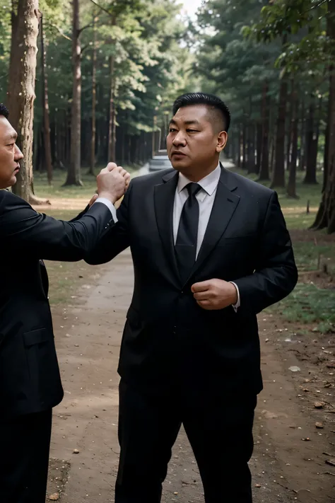 The two wore suits，black tie, Fat Chinese mature round-faced middle-aged man fist fight with security guard in forest