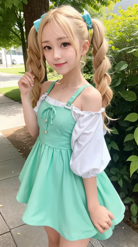 she is cosplaying as a princess、blonde short、smile、green eyes、Colorful and fancy dresses、twin tails