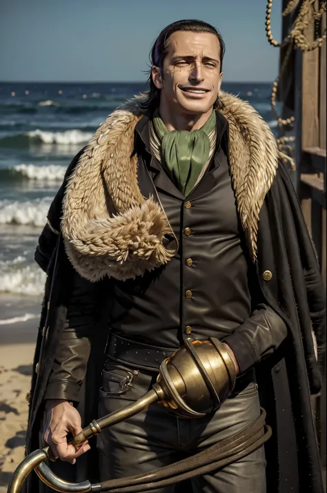 masterpiece, best quality, extremely detailed, hyperrealistic, photorealistic, a cool 40s man, ultra detailed face:1.2, fur-trimmed coat, scarf around the neck, his left hand is a golden pirate hook:1.1, sly smile, sea
