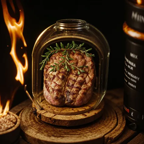 (an intricate (mini-(roasted meat) on a minitable) trapped in a jar), atmospheric oliva lighting, on the table, 4k uhd, dark vib...