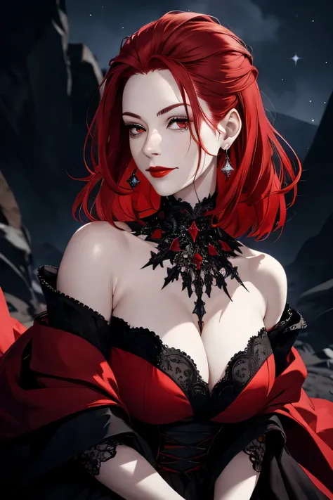 portrait shot, ((vivid red hair)), mature woman, 30 years old, diamond face, moonlight, red starry sky background, depth of field, magic, big red lips, ((dark black eyes)) black and red long and full dress, covered chest, mystical atmosphere, ominous shado...