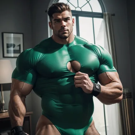 Create a captivating visual representation of a muscle-bound male beefcake with powerful legs and arms that showcase his strength and masculinity. Emphasize his hairy chest and the impressive size of his bulging package. He is dressed in a form-fitting lyc...