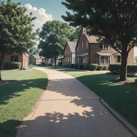 1940s art, street level photo of a rural community, brick homes on grass lawns, clean streets