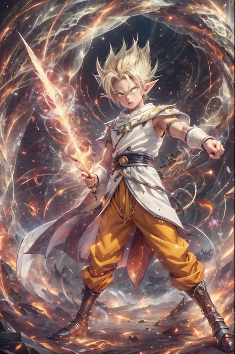 (masterpiece), 8k, best quality, panoramic view, full body, elf boy, naïve, male, teenager, 14 years old, white skin, slim body, pointed elf ears, beautiful finely detailed silver eyes, high forehead, spiky yellow blond hair like Gohan from the anime drago...