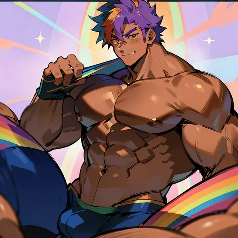 ((Anime style art)), Extremely muscular masculine character, tan skin,  rainbow hair,  erotic, 8 pack abs, huge bulge, smirk,!