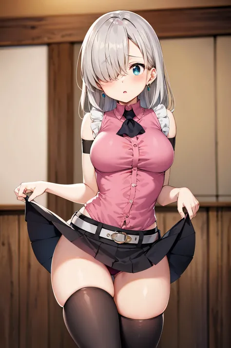 Photography pose, masterpiece, best quality, highres, Elizabeth, 1girl, mature body, showing panties, skirt lifting, jewelry, single thighhigh, silver hair, hair over one eye, midriff, black skirt, asymmetrical legwear, ((pink shirt)), sleeveless, black th...