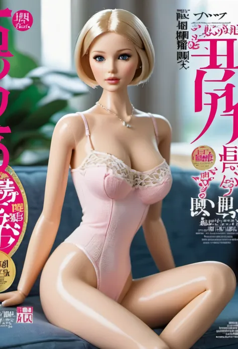 magazine cover，Barbie doll with short hair wears sexy one-piece underwear,Sitting on the sofa,，Eyes are very delicate，white skin，（（（scared expression）））blush，（（（masterpiece）））， （（best quality））， （（intricate details））， （（surreal））（8K）