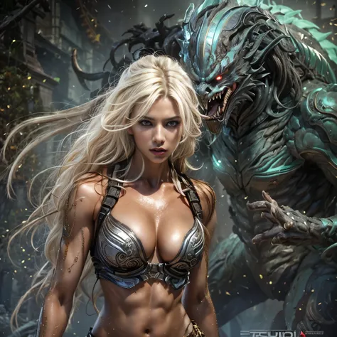 1 female alien, The Predator, warrior, (very beautiful:1.2), (intense gaze:1.4), (Predator:1.1), long dark nails, NSFW, nipple, thick eyebrows, Shining Amethyst eyes, the most beautiful face in the universe, platinum blonde,
A woman with an very beautifu...