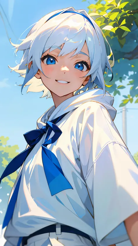 17 year old girl、short hair like a boy、Ultramarine hair、Shining light blue eyes、white hair band、looking at the viewer、smile、wearing a white hoodie、white t-shirt、upper body close-up、shorts、Early summer street tree background