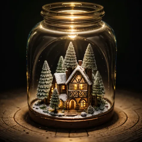 (an intricate mini-village trapped in a jar), atmospheric oliva lighting, on the table, 4k uhd, dark vibes, hyper detailed, vibr...