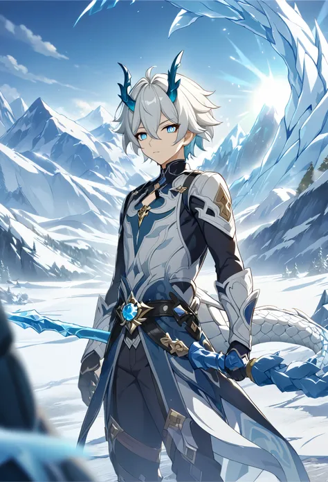 ((solo)), (man), light blue eyes, white hair hair, short hair, blue colored inner hair, messy hair, blue dragon horns, slitted p...