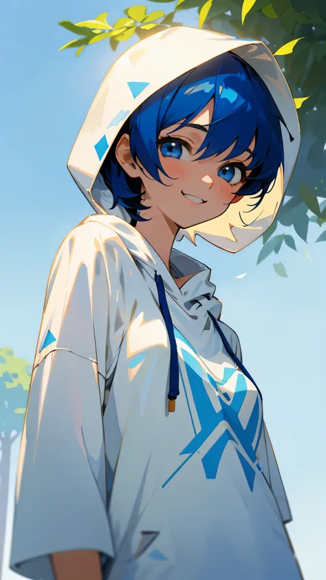 17 year old girl、anime painting、Ultramarine hair、short hair、Shining light blue eyes、smile、wearing a white hoodie、white t-shirt、upper body close-up、shorts、Early summer street tree background