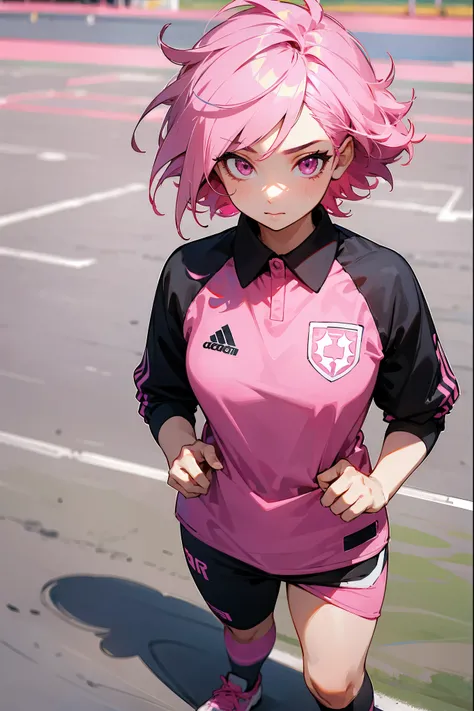 1female, inner colored hair, black and pink hair, pink eyes, short messy hair, soccer jersey, soccer field background, detailed background, standing on field