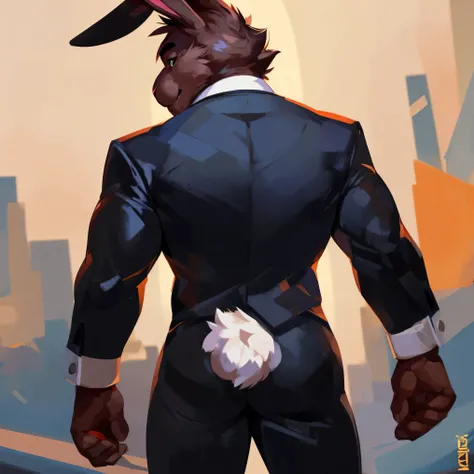 Medium muscular, rabbit, rabbit in tuxedo, long ears, black suit, from back, back view, with short tail, tail, rabbit tail, bunny, bunny tail, anatomy, good anatomy, perfect anatomy, male anatomy, perfect body, By mystikfox61