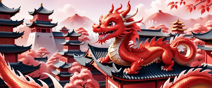 A cute red Chinese dragon，Flying over the Chinese-style buildings，From left to right；red tint。