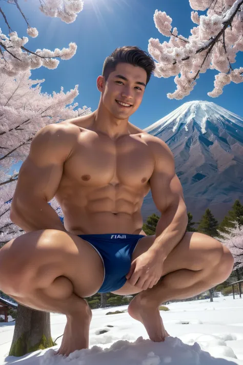 (one boy), (head shot), (squatting), (big male genitals under mens bikini),  one handsome muscular young boy, (Mt. Fuji with a lot of snow and many cherry Blossoms blooming, blue sky in the background), mischievous smile, (details: 1 1), natural muscles, h...