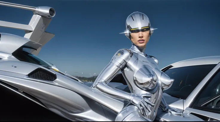 cyborg front of a Lamborghini hajime sorayama in miami