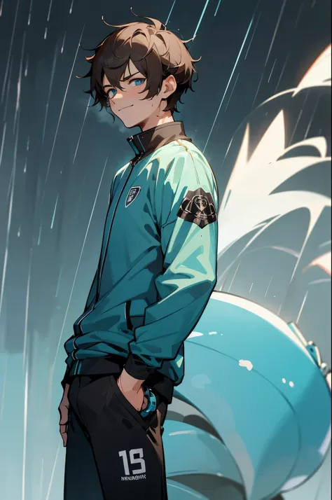 masterpiece, best quality, highres, 1man, short hair, short brown hair, cyan blue eyes,black and blue soccer outfit, (rain:1.3), hands in pockets, sweating, heavy breathing, rose tattoo in the neck, smirk