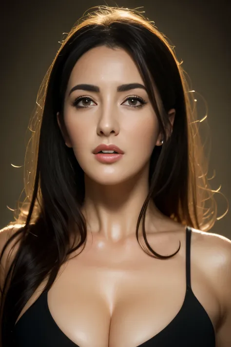 Surreal portrait of Monica Bellucci, photorealistic, highly detailed face, 8k, 1 girl, Upper body, well-shaped chest, cleavage, view audience, long hair, black hair