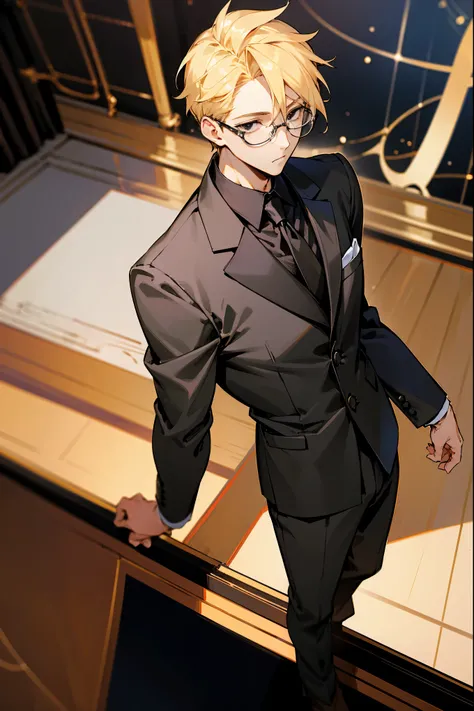 1male, glasses, blonde hair, black eyes, formal suit, expressionless, bored, infront of board, detailed background, standing on stage