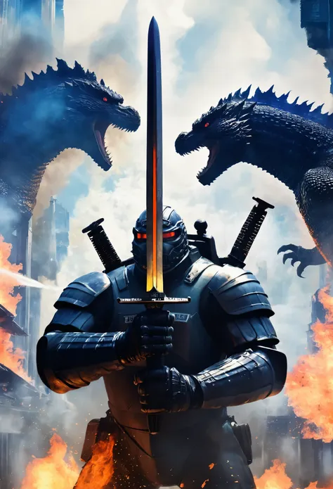 godzilla，sword in both hands，ready to fight，dystopian background，airplane，，flame，smoke of gunpowder