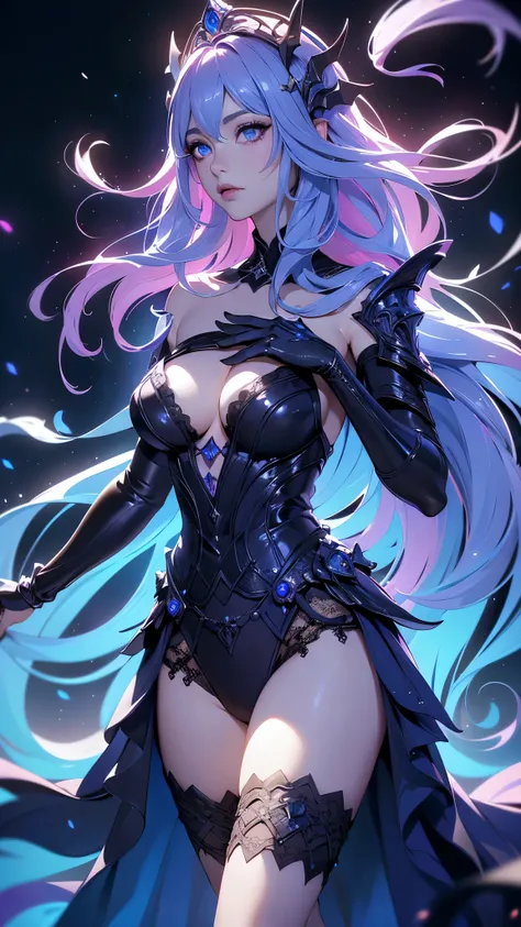 (La mejor calidad,A high resolution,Ultra - detallado,actual),Ariana Grande vestida de morado y negro con cuernos y cuernos, (irelia V2.1) , ig model | germen de arte, seraphine ahri kda, (morgana de la liga de leyendas V2.1) , extremely detailed germen de...