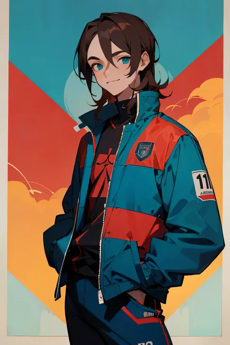 masterpiece, best quality, highres, 1man, medium-length hair, short brown hair, cyan blue eyes,black and blue soccer outfit, sunset, hands in pockets, rose tattoo in the neck, smiling, hands in pockets,red and blue jacket,