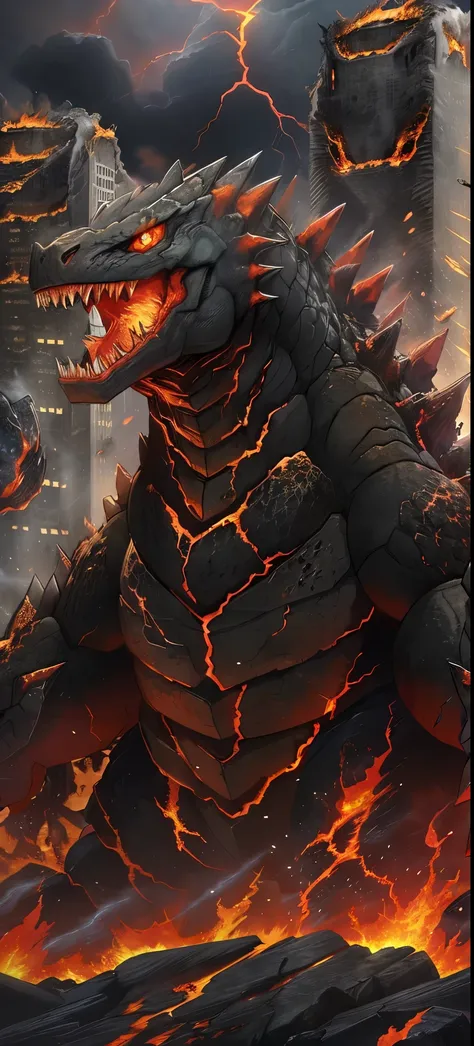 lava composition godzilla,lava texture,fiery explosion,molten rocks,monstrous creature,raging inferno,burning city destruction,d...