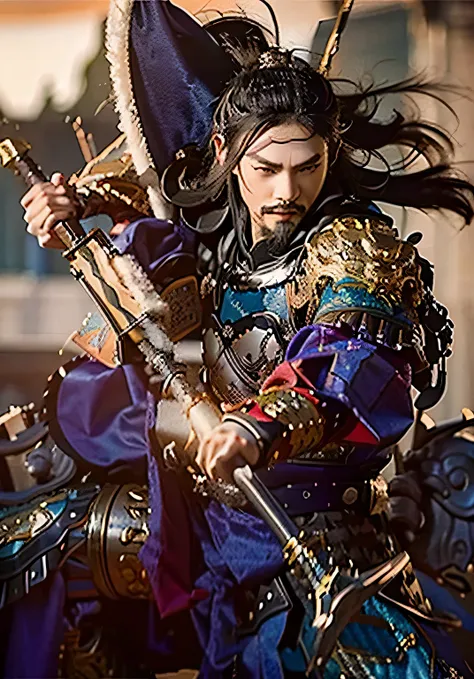 one wearing armor、close-up of man holding sword, guan yu, bian lian, , photo , feng shu, inspired by li kan, mongol, inspired by...