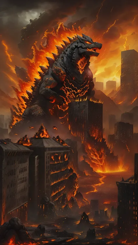 lava composition godzilla,lava texture,fiery explosion,molten rocks,monstrous creature,raging inferno,burning city destruction,d...