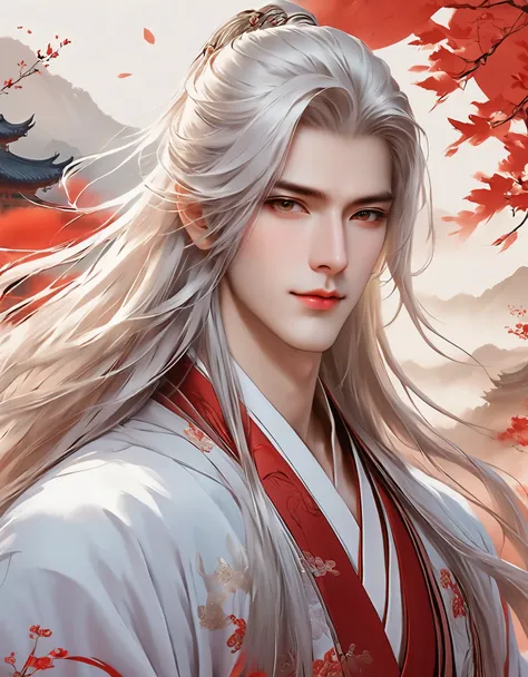 a stunning avatar of an anime male with long hair, hanfu, chinese style background, exquisite facial features, handsome and maje...