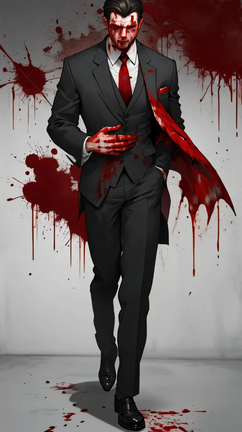 A man in a suit covered in blood