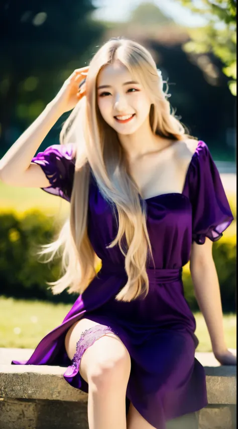 Fullbody, ((best quality)), ((ultra res)), ((photorealistic:)), (intricate details), 22 years old, blonde very very long  hair rapunzel, perfect face, make up:.  light on face, face detail, excited, full body, purple, dancing, full body