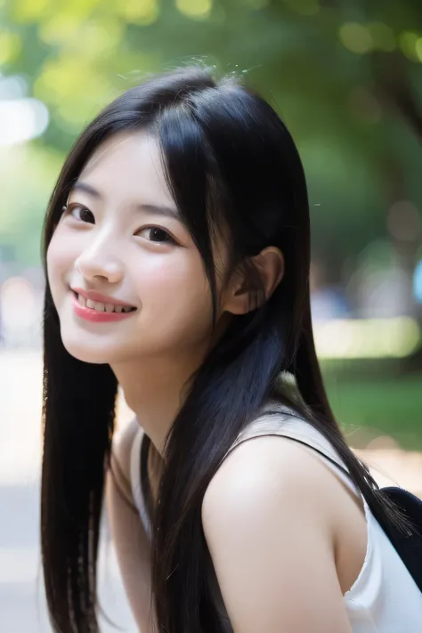 ray tracing 8k masterpiece very beautiful girl ( neat smile) looking at the lens from under the shoulder (Long) silk black hair (In the park) 