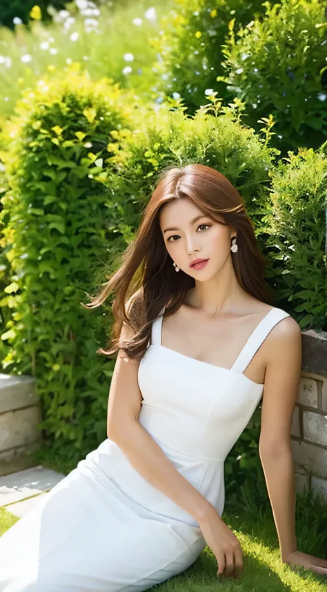 Make her wear a white dress and sitting in a garden looking beautiful