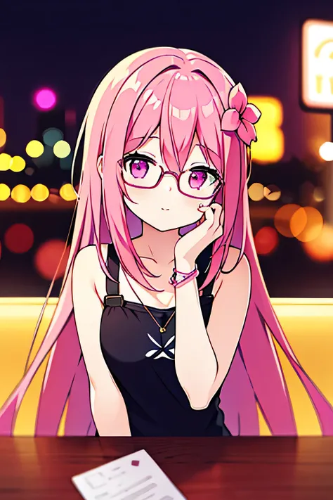 pink hair, 1girl, in caffe, sit pose, wearing casual clothes, long hair, wearing glasses, pink eyes, night time, neon, flower hair ornaments, 8k resolutions, upper body