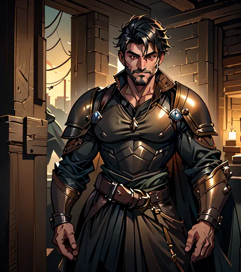 design a handsome and rowdy male adventurer for dungeons & dragons. dark complexion. looks like a very attractive male adventure...