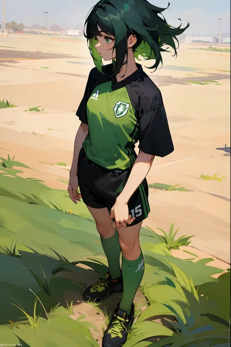 1female, scruffy hair, black hair, medium length hair, inner colored hair, green hair, green eyes, soccer jersey, soccer field background, detailed background, standing on path