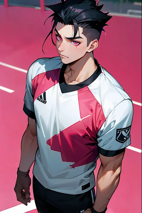 1male, black hair, pink eyes, scar on eye, modern undercut, soccer jersey, soccer field background, detailed background, standing on path