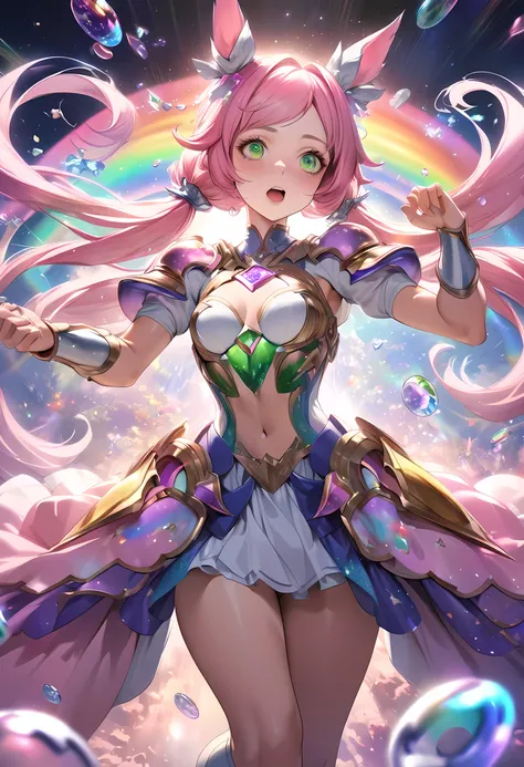 beautiful realistic anime girl with toned porcelain skin, bright green eyes sparkling, long pink twintails whipping, princess armor, rainbow cosmic horse, catching ((BUBBLE crypto tokens)) in surprise and awe, fantasy, 8k, high resolution, anime 