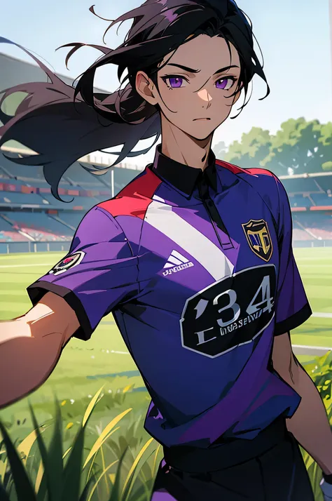 1 male, young adult, Black Hair, Soccer jersey, Purple Eyes,  Field Background