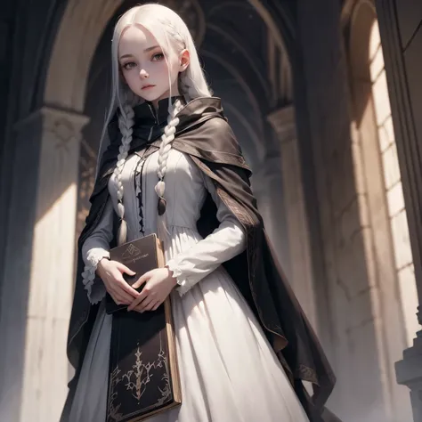 Female, dark cloak, white dress, long braided hair, pale skin, holding a dark book