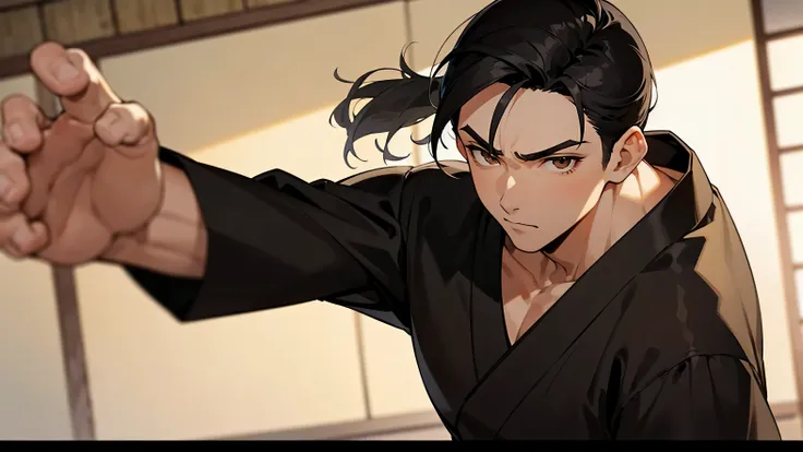 1 men, short Silver ponytail hair style, short hair, Black hair, Brown eyes, Dojo clothes , 8k, masterpiece, looking at viewer, ultrasharp, men, Japanese, separate bang, No bang, Temple, cool, guy,5fingers, DOJO pose, Mens Body, Boyface, fist punch, White ...