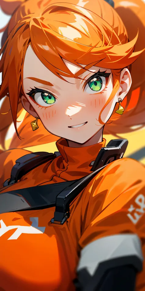 1 girl、one person、Orange clothes that clearly show your body shape、orange hair、ponytail、beautiful green eyes、intense joy on the face、I love you、upper body close-up