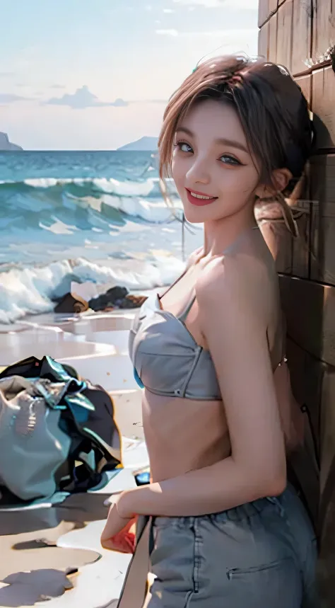 Beautiful sunset with sea view，Dusk line，swell sea，A very beautiful woman，in a bikini，Gray hair，Gray hair, flat breast，Collect breasts，ssmile，ssmile，ssmile，16k，Realiy，close-up all over the body，full bodyesbian,nude ,show nipple,pink nipple