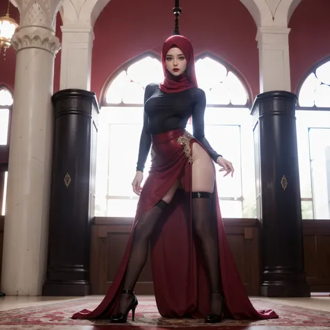 maroon long hijab, (((inside mosque))), perfect face, blue eyes, juicy lips, red lips, thigh high, long skirt