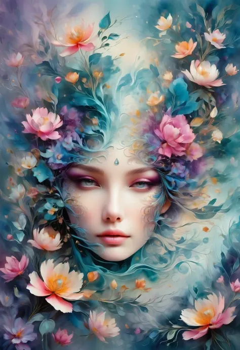 Portrait of charming woman with smokey eyes and glossy lips, Surrounded by intricate floral designs and fractal elements.