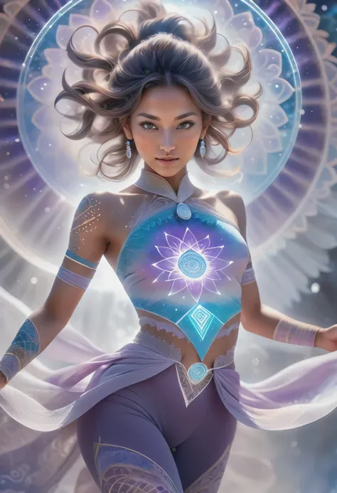 (best quality,ultra-detailed,realistic:1.5),1woman,jpn-girl,action shot,(dynamic pose:1.6),(standing on a magical crystal:1.4), (activating third eye),Ajna chakra activation,Sixth chakra,a diamond-like lotus of two petals,fractals,psychedelic,special effec...